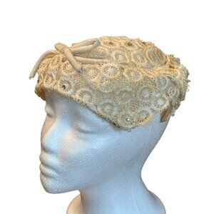 Vintage 1950s 1960s Ivory Lace Rhinestone Dress Hat Unmarked Mini Toque READ